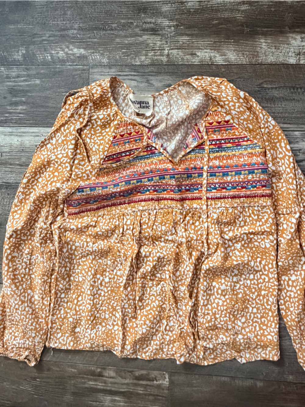 Savanna Jane Mustard Leopard Print Embroidered Yoke Tunic